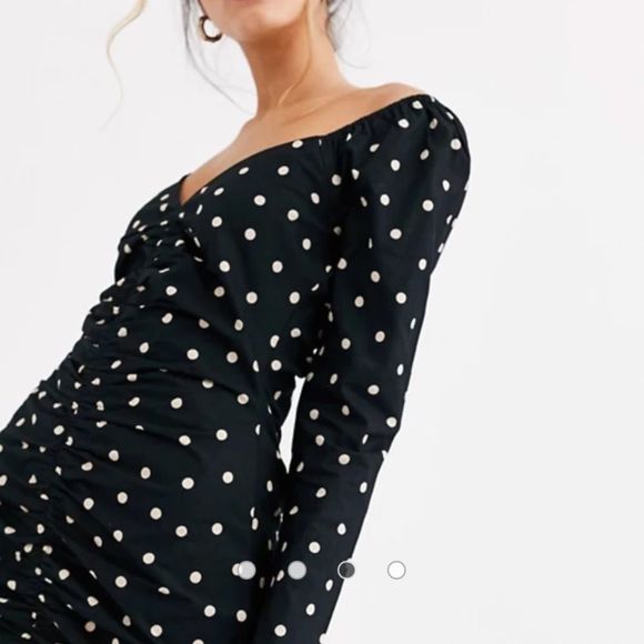Asos black polka dot boho ruched dress long sleeve 4 s - Picture 7 of 8